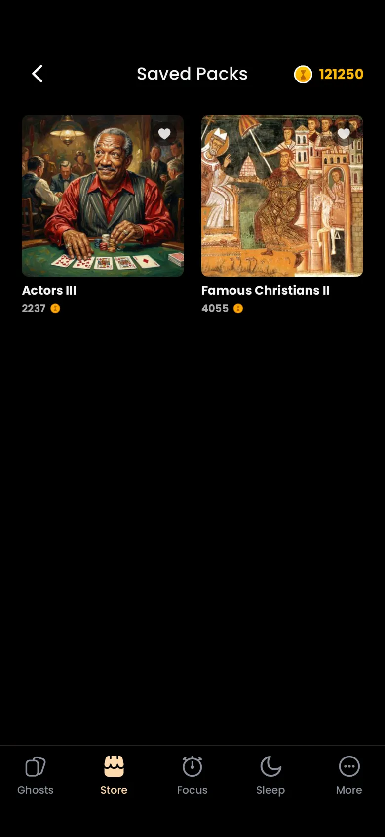 Saved Packs screen with two hearted packs, Actors III at 2237 coins and Famous Christians II at 4055 coins, and the coin balance 121250 in the header.