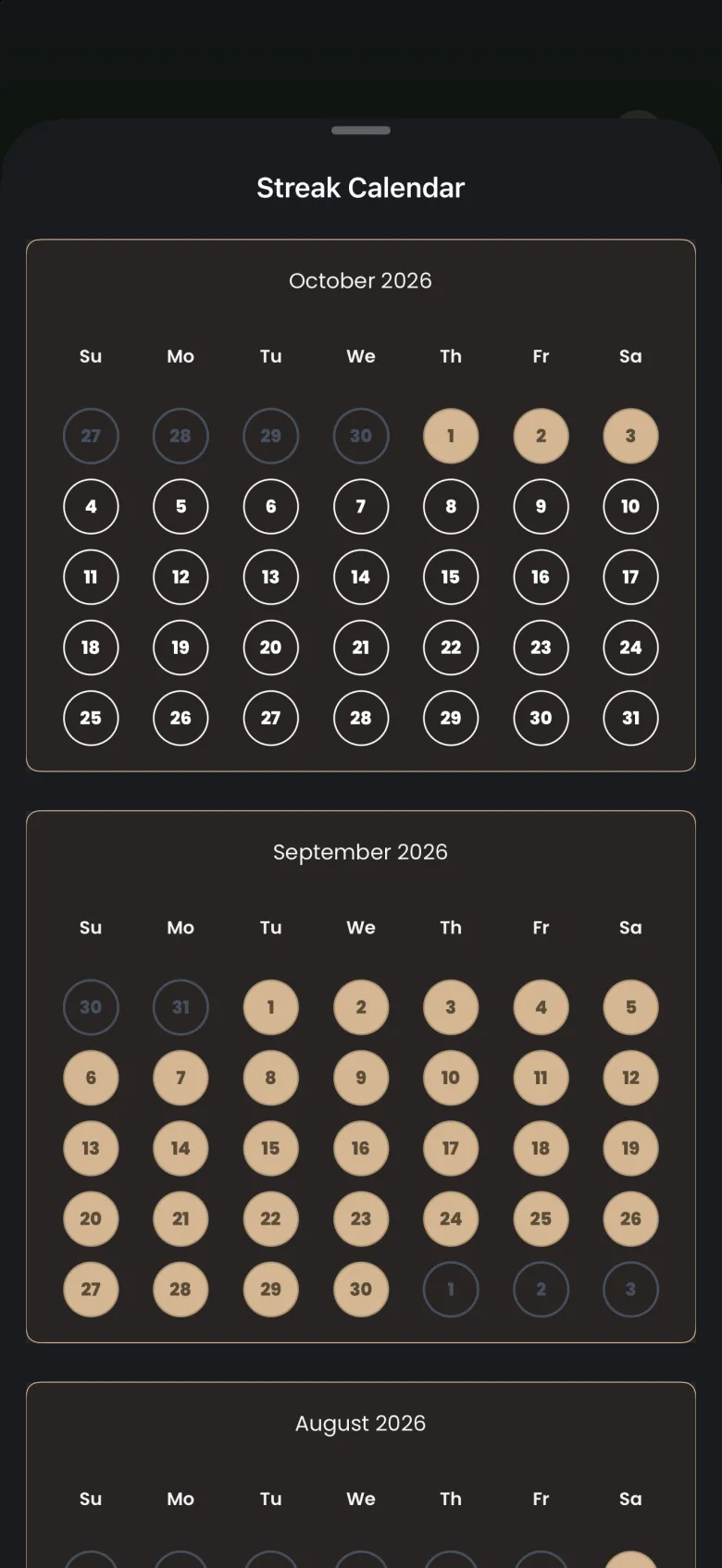 Streak Calendar sheet with October 2026, where the 1st to the 3rd are filled, above September 2026 with every day filled.