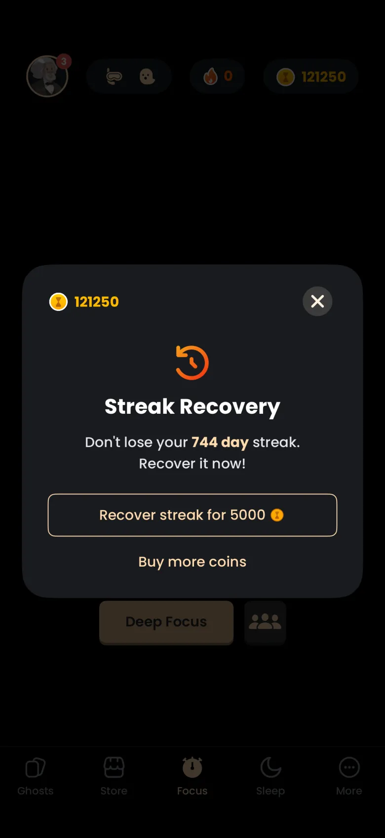 Streak Recovery window over the dimmed Focus tab with a flame counter at 0, reading Don't lose your 744 day streak. Recover it now., a Recover streak for 5000 coins button, a Buy more coins link and a coin balance of 121250.