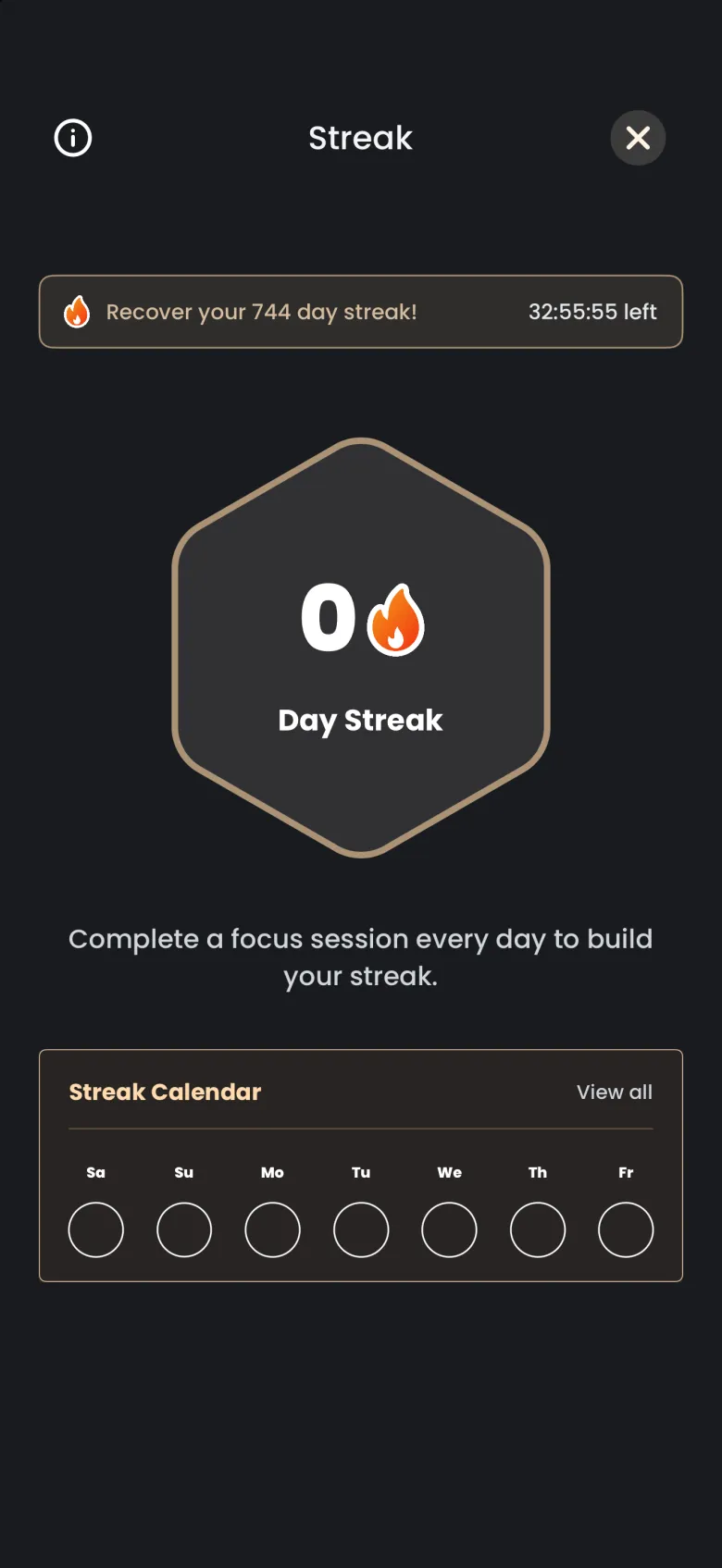 Streak screen showing 0 Day Streak in the hexagon, a banner across the top reading Recover your 744 day streak with a countdown of hours left, and an empty seven day Streak Calendar strip.