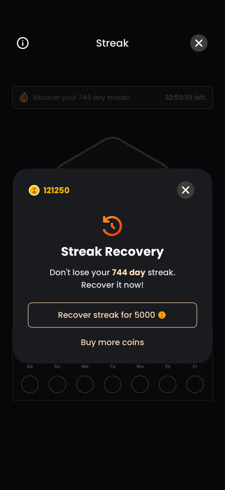 Streak Recovery window opened from the banner on the Streak screen, with the Recover streak for 5000 coins button, a Buy more coins link and a coin balance of 121250.