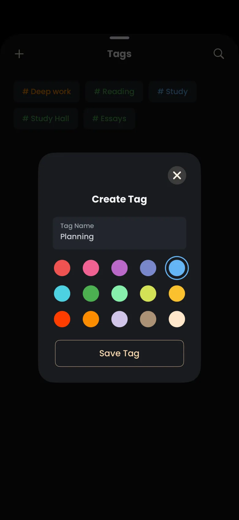The Create Tag window with the name Planning typed into the Tag Name field, a grid of fifteen color swatches with blue ringed, and a Save Tag button.