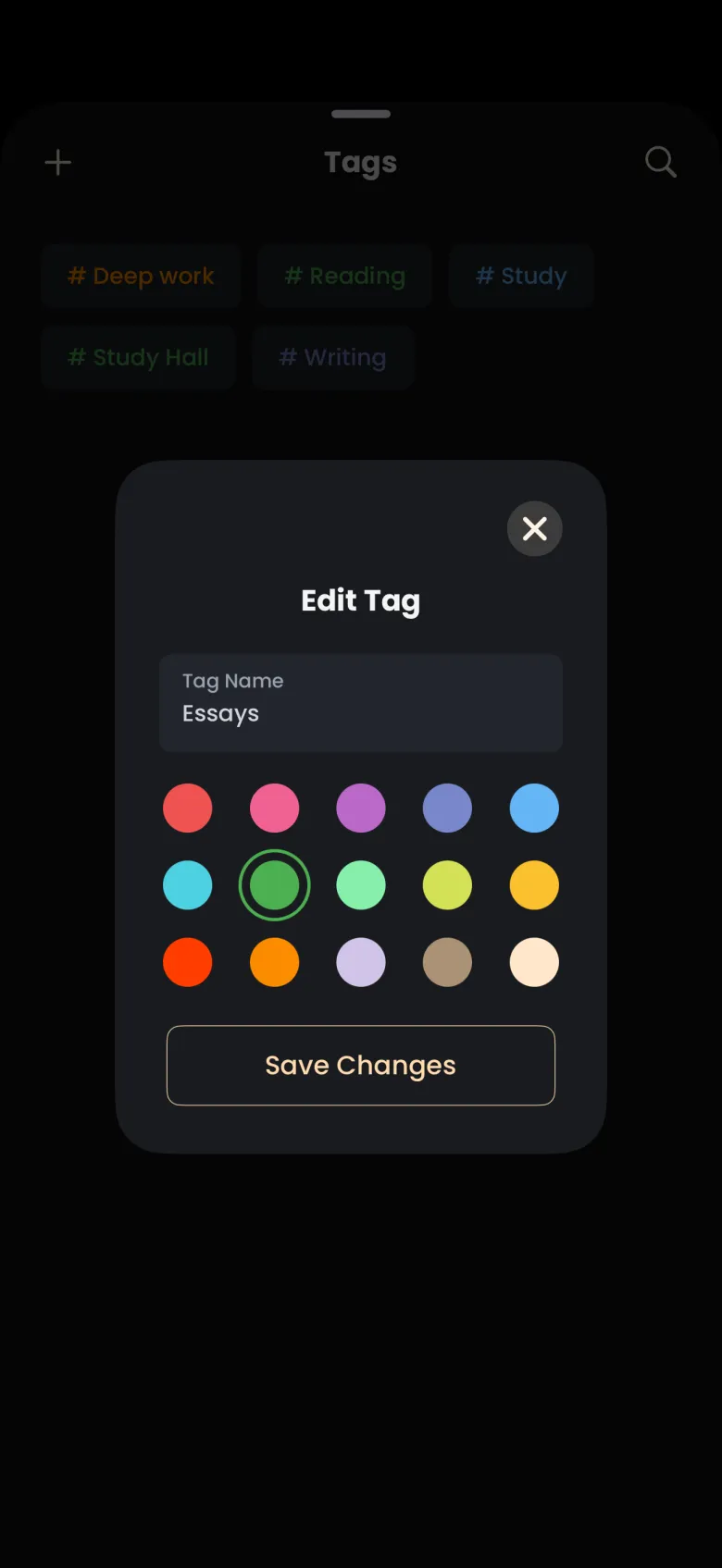 The Edit Tag window with the name Essays in the Tag Name field, the green swatch selected in a grid of fifteen colors, and a Save Changes button.