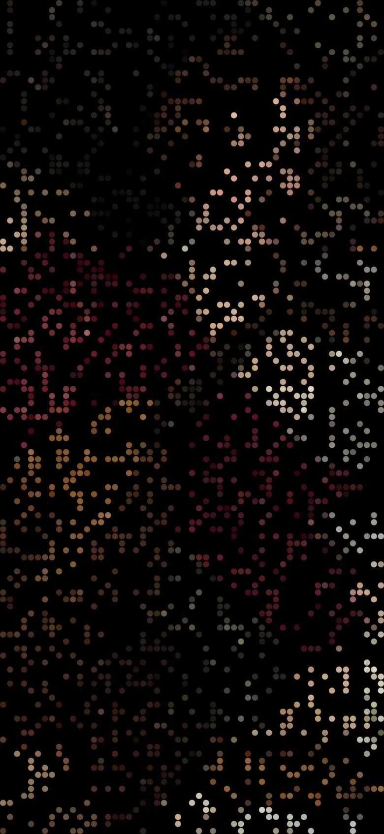 A dot grid on black with clusters of dots forming, crimson areas on the left and pale skin tones at the upper right beginning to suggest a painting.