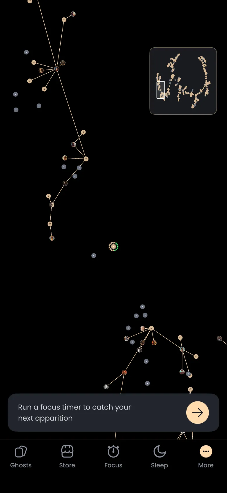 Zoomed-out Universe with clusters of small gold nodes joined by thin lines, scattered grey dots, a card reading Run a focus timer to catch your next apparition, and the minimap top right with a small box marking the current view.