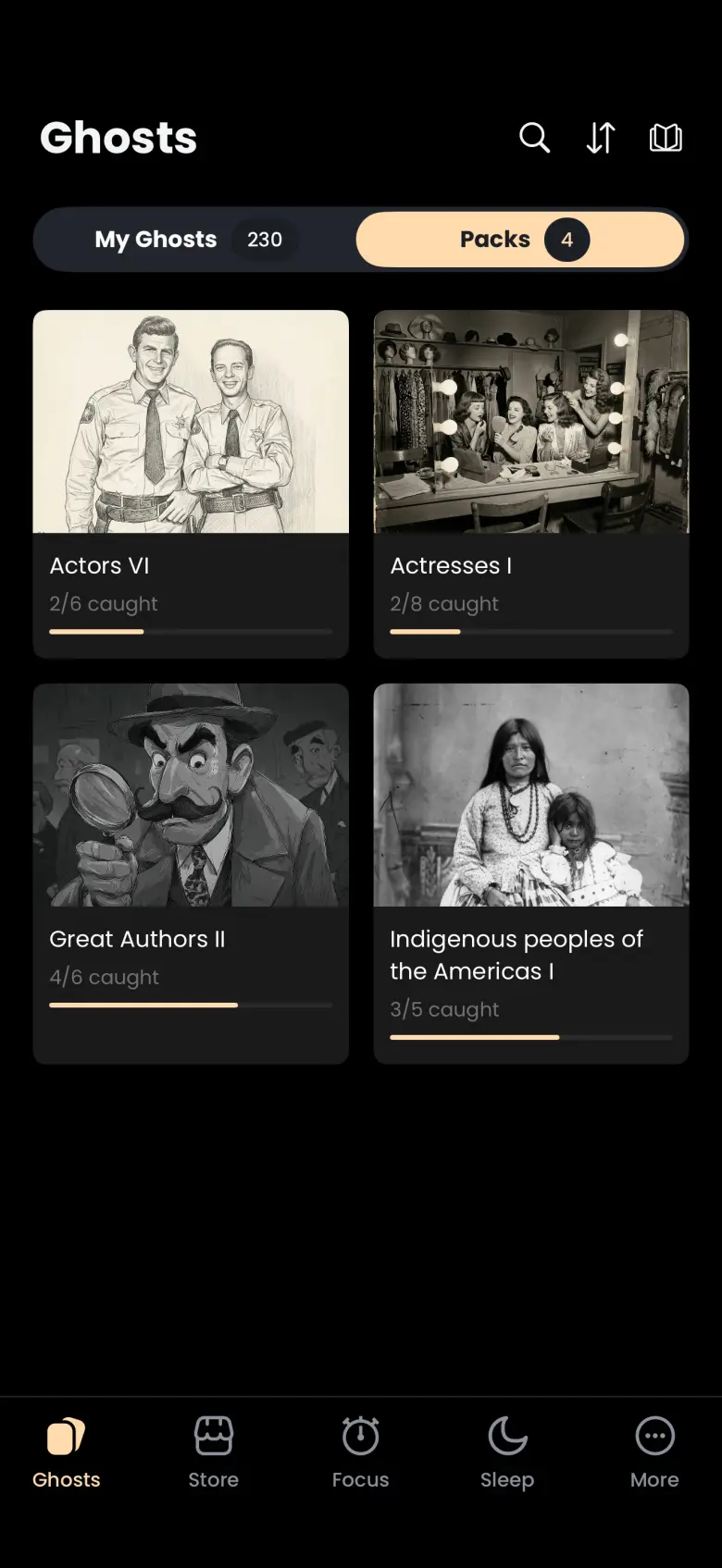 Packs tab with four pack cards: Actors VI, 2/6 caught; Actresses I, 2/8 caught; Great Authors II, 4/6 caught; and Indigenous peoples of the Americas I, 3/5 caught; each with a gold progress bar.