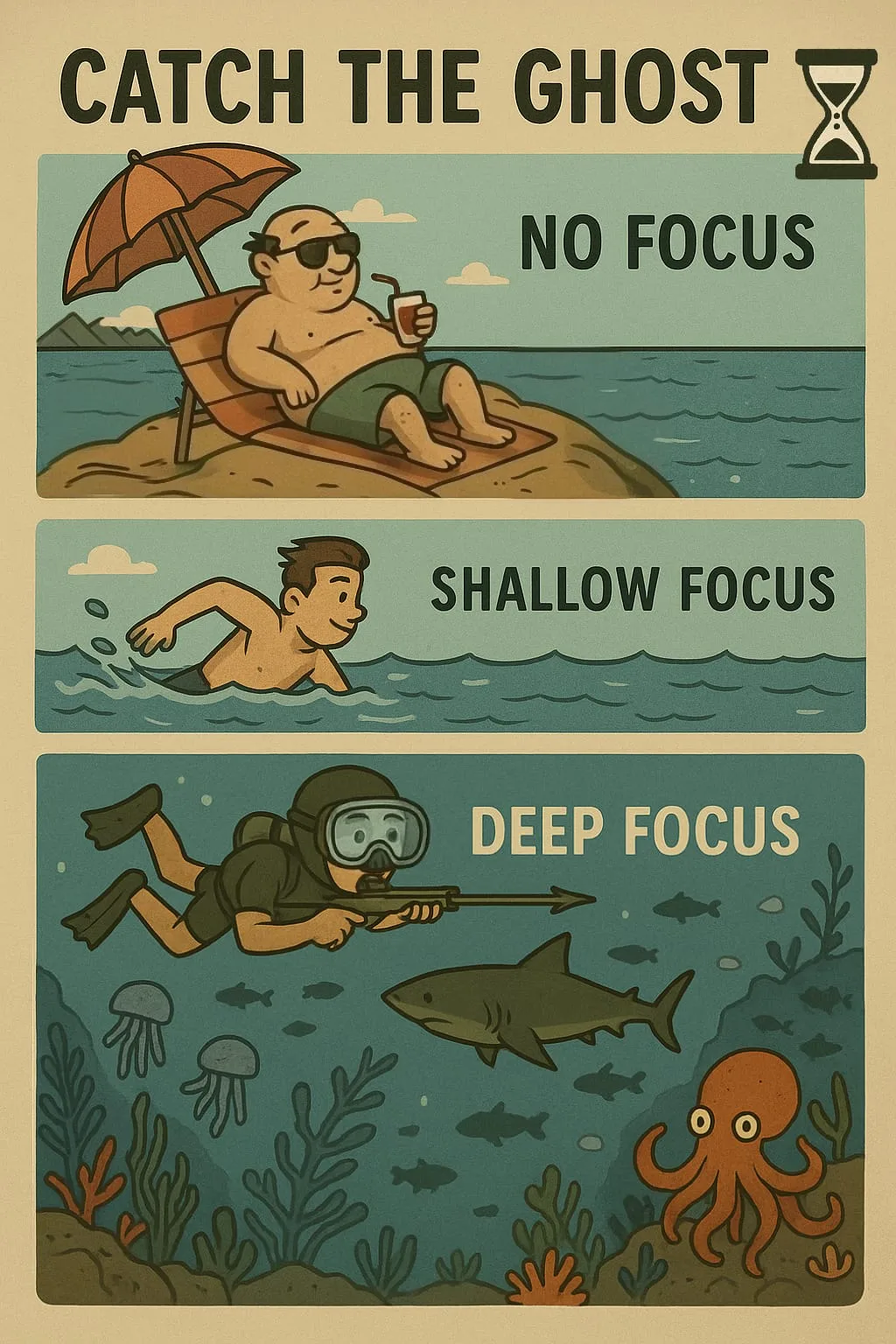 A vintage-poster illustration titled Catch the Ghost, stacked in three panels: a man relaxing on a beach chair labeled No Focus, a man swimming at the surface labeled Shallow Focus, and a diver with a spear gun among fish, a shark, and an octopus labeled Deep Focus.